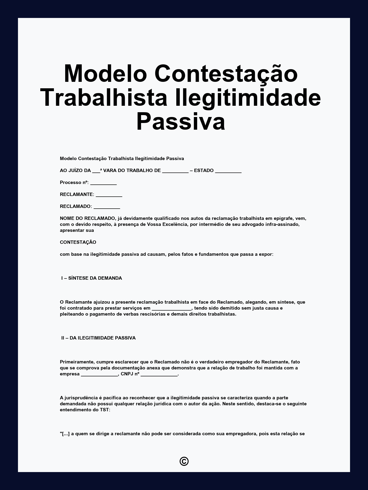 Modelo Contestação Trabalhista Ilegitimidade Passiva