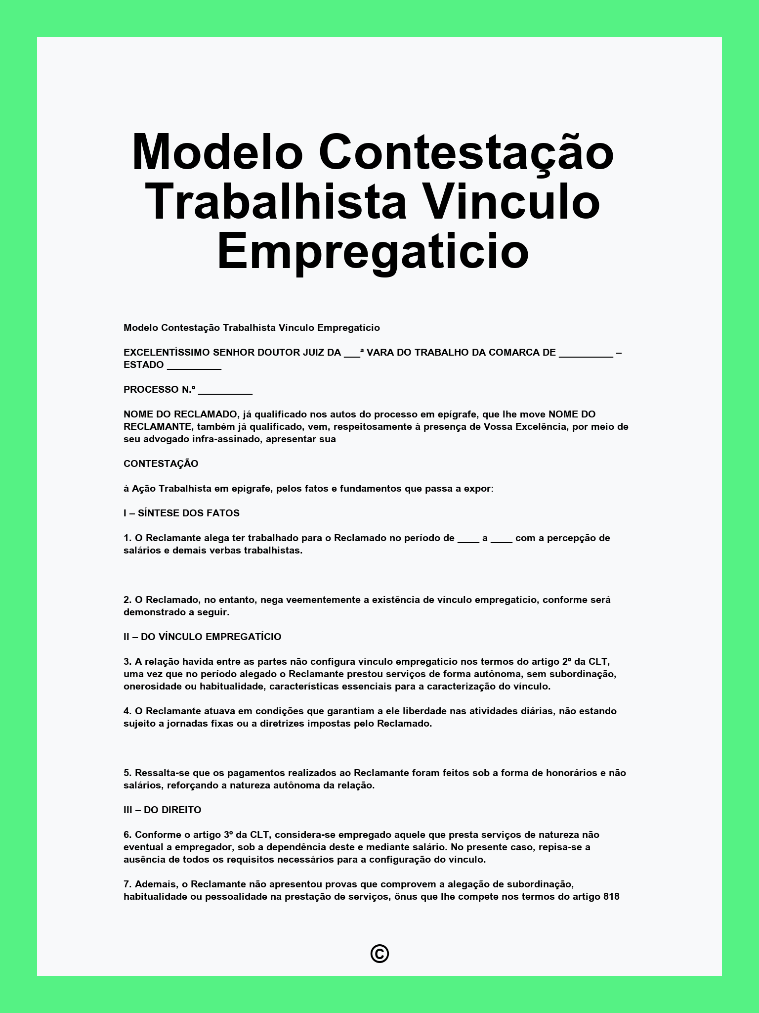 Modelo Contestação Trabalhista Vinculo Empregaticio