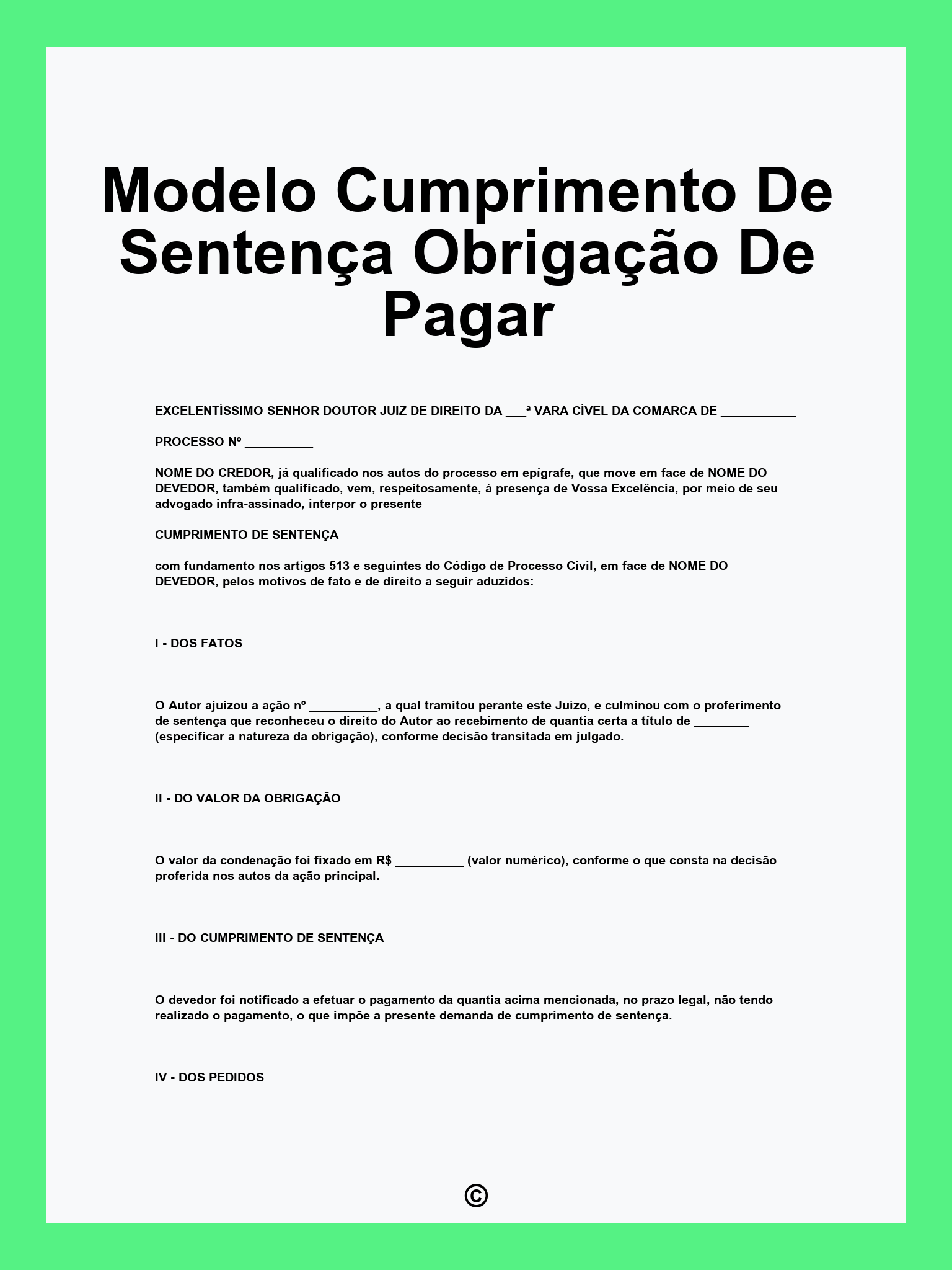 Modelo Cumprimento De Sentença Obrigação De Pagar