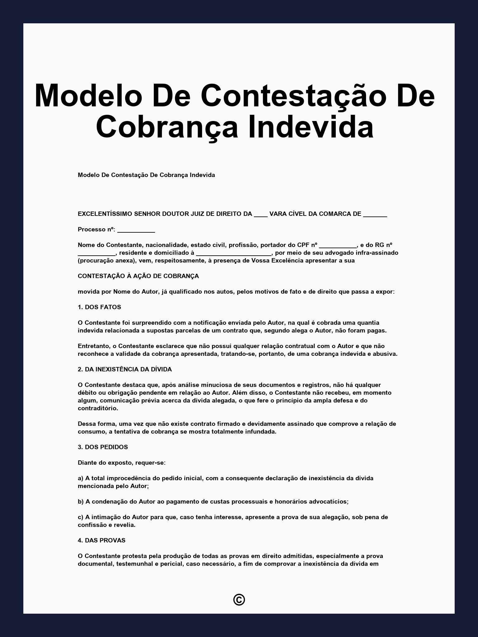 Modelo De Contestação De Cobrança Indevida