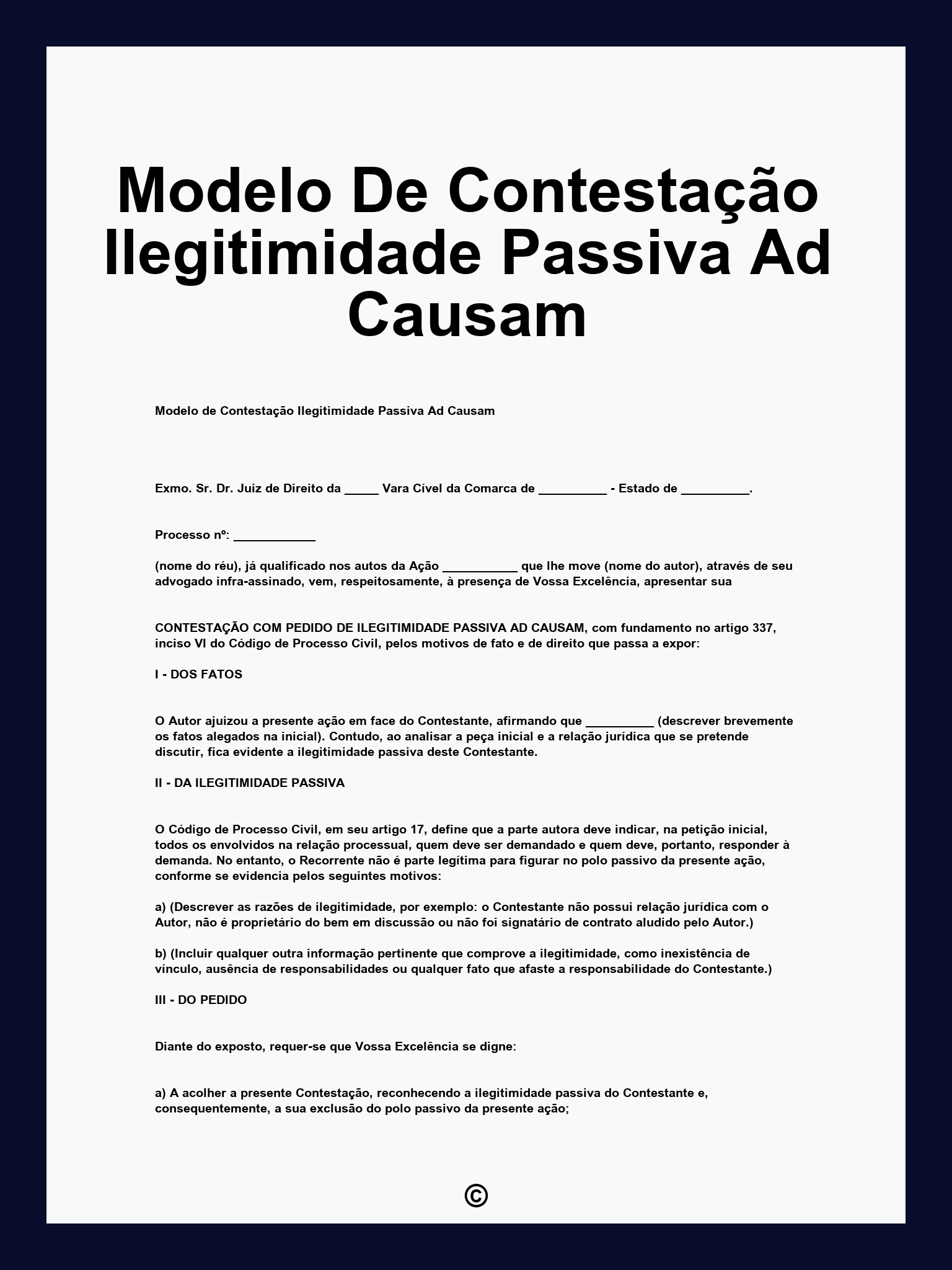 Modelo De Contestação Ilegitimidade Passiva Ad Causam