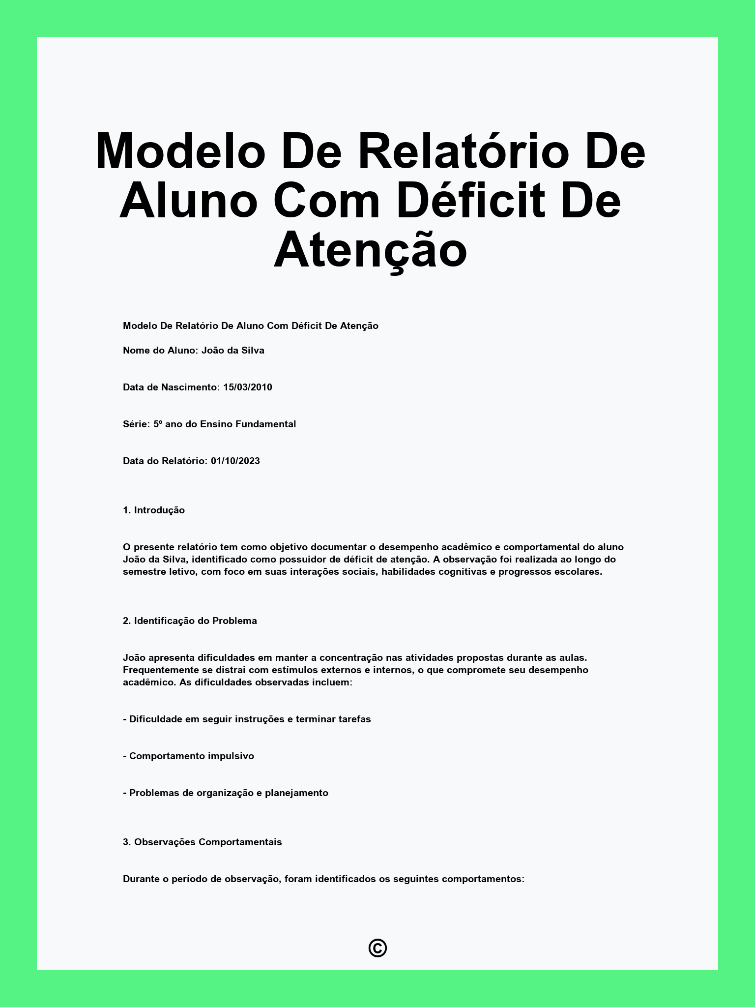 Modelo De Relatório De Aluno Com Déficit De Atenção