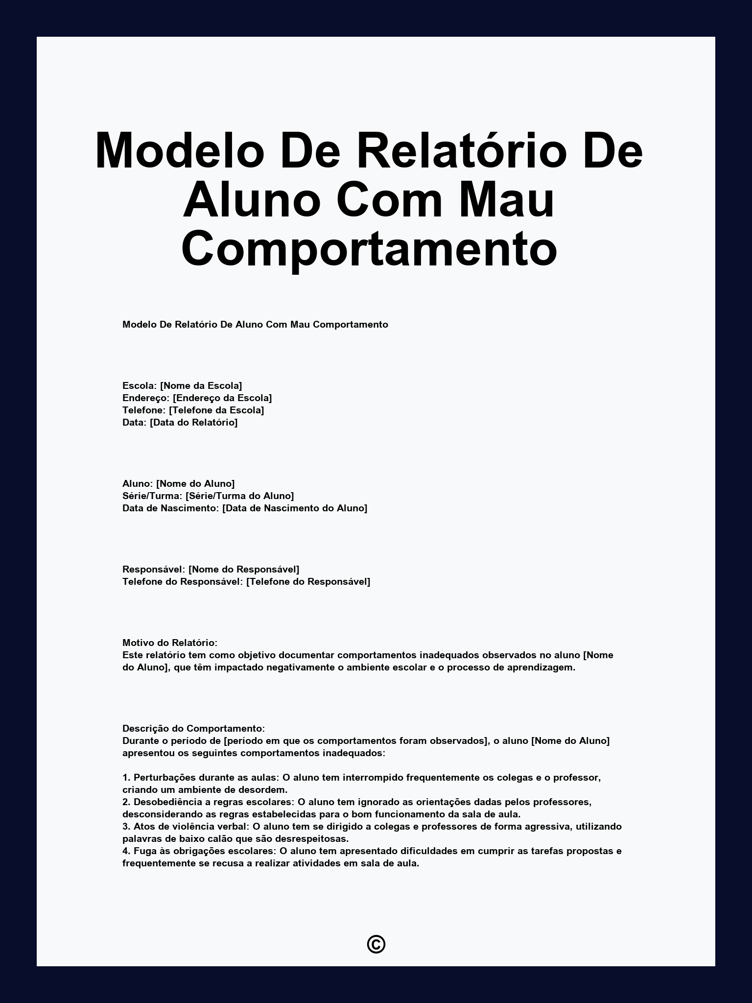 Modelo De Relatório De Aluno Com Mau Comportamento