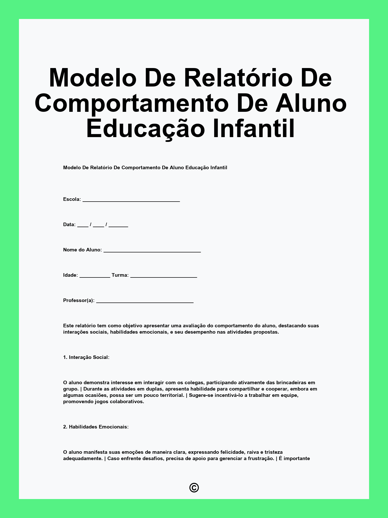 Modelo De Relatório De Comportamento De Aluno Educação Infantil