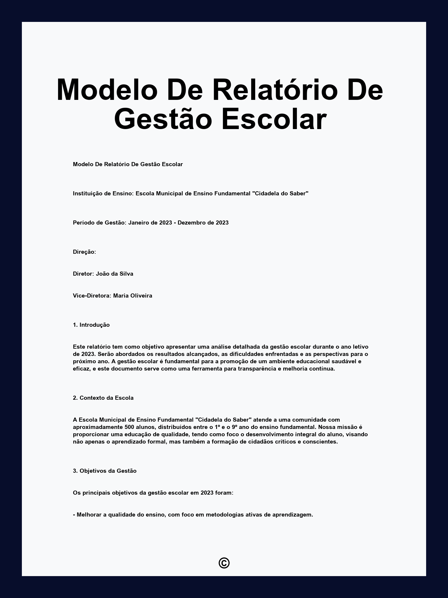 Modelo De Relatório De Gestão Escolar