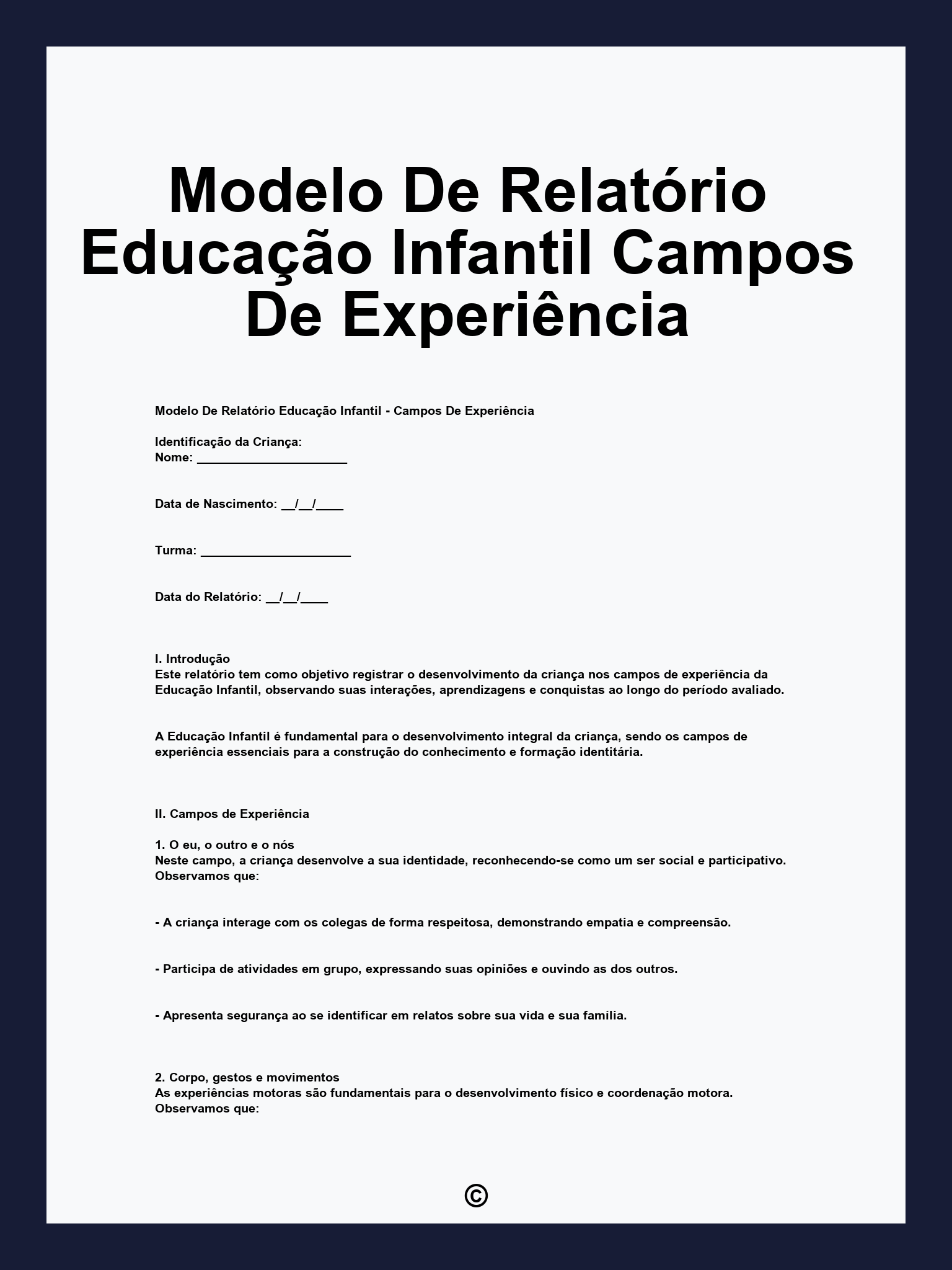 Modelo De Relatório Educação Infantil Campos De Experiência