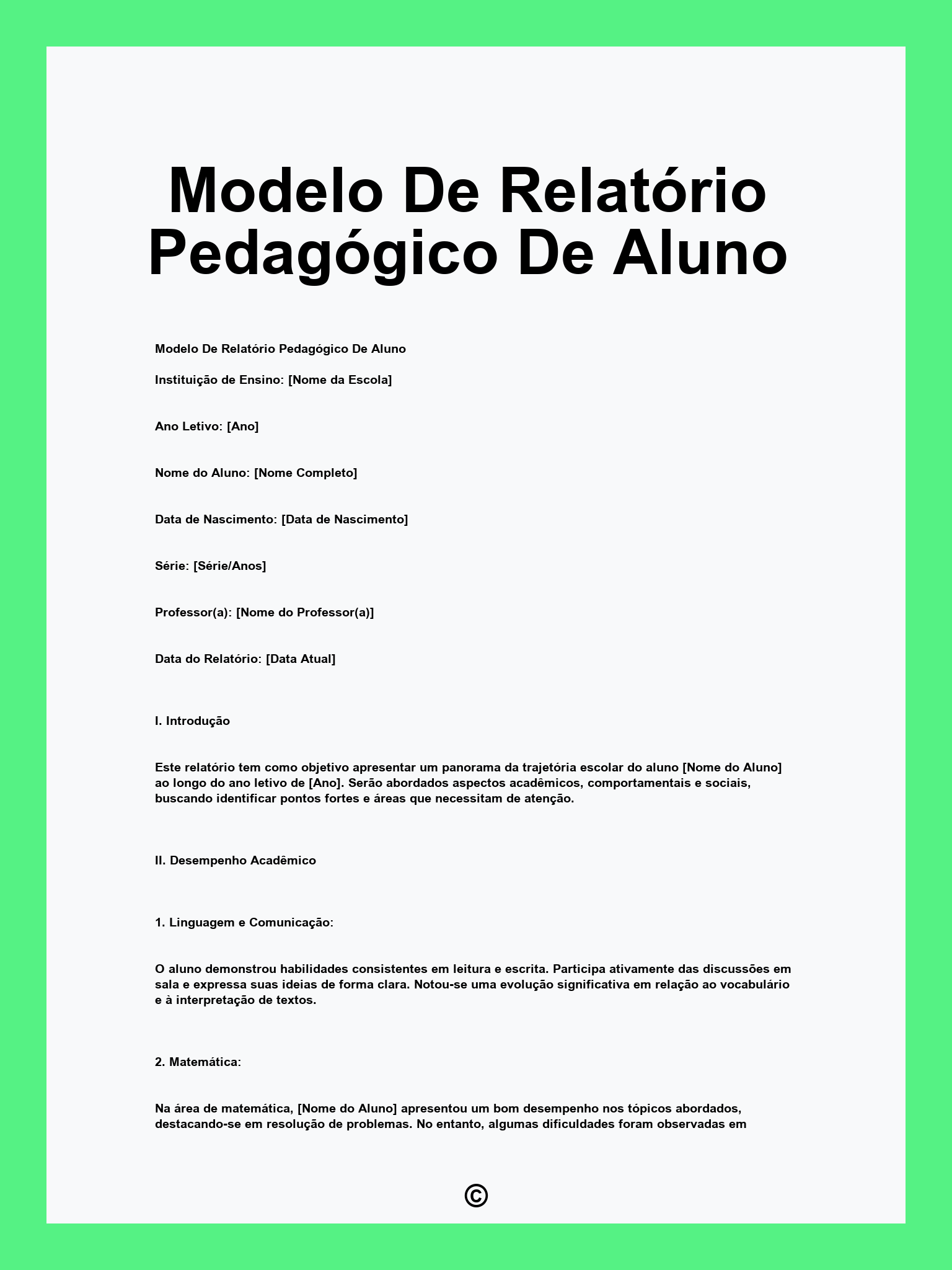 Modelo De Relatório Pedagógico De Aluno