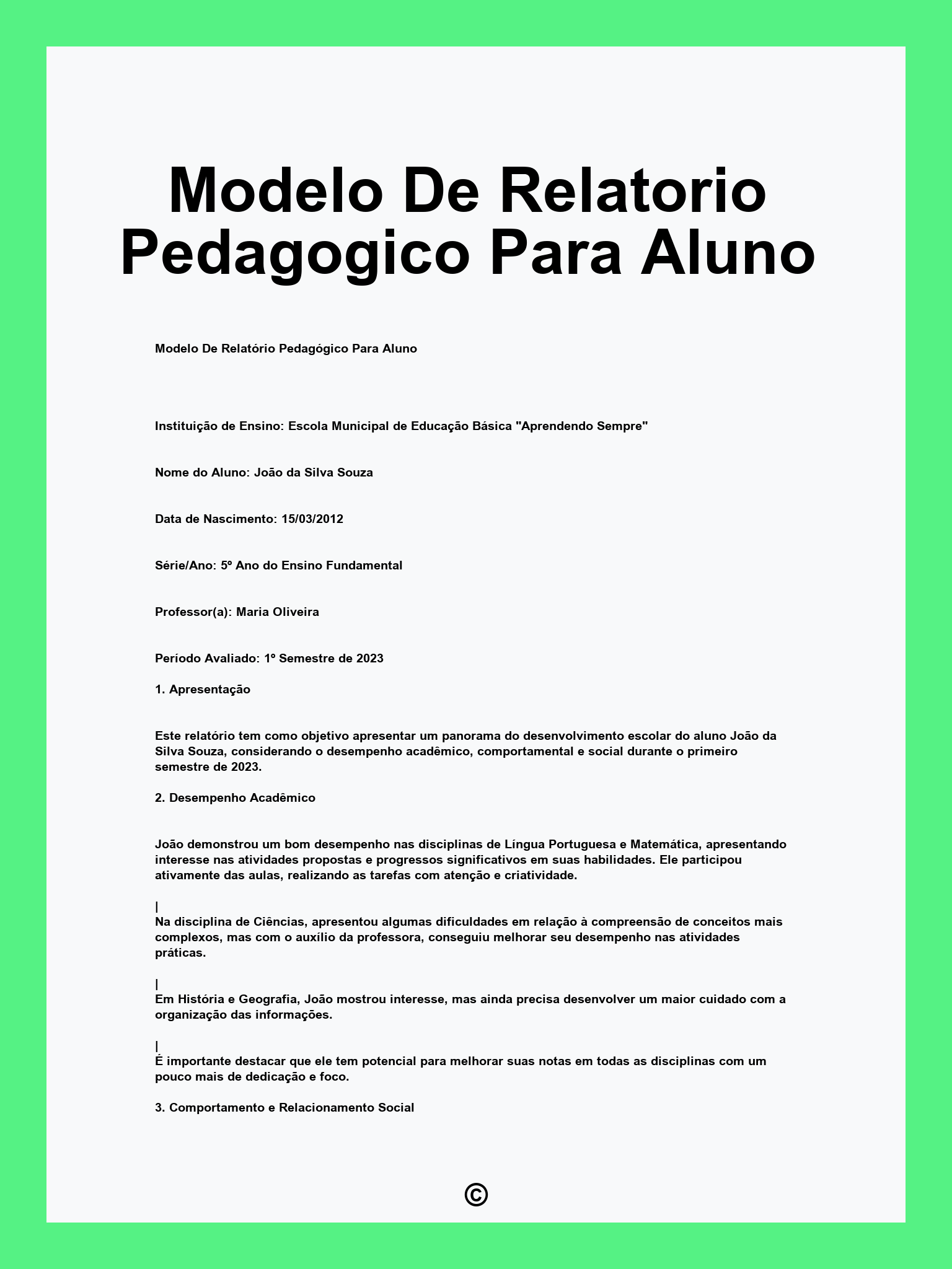 Modelo De Relatorio Pedagogico Para Aluno