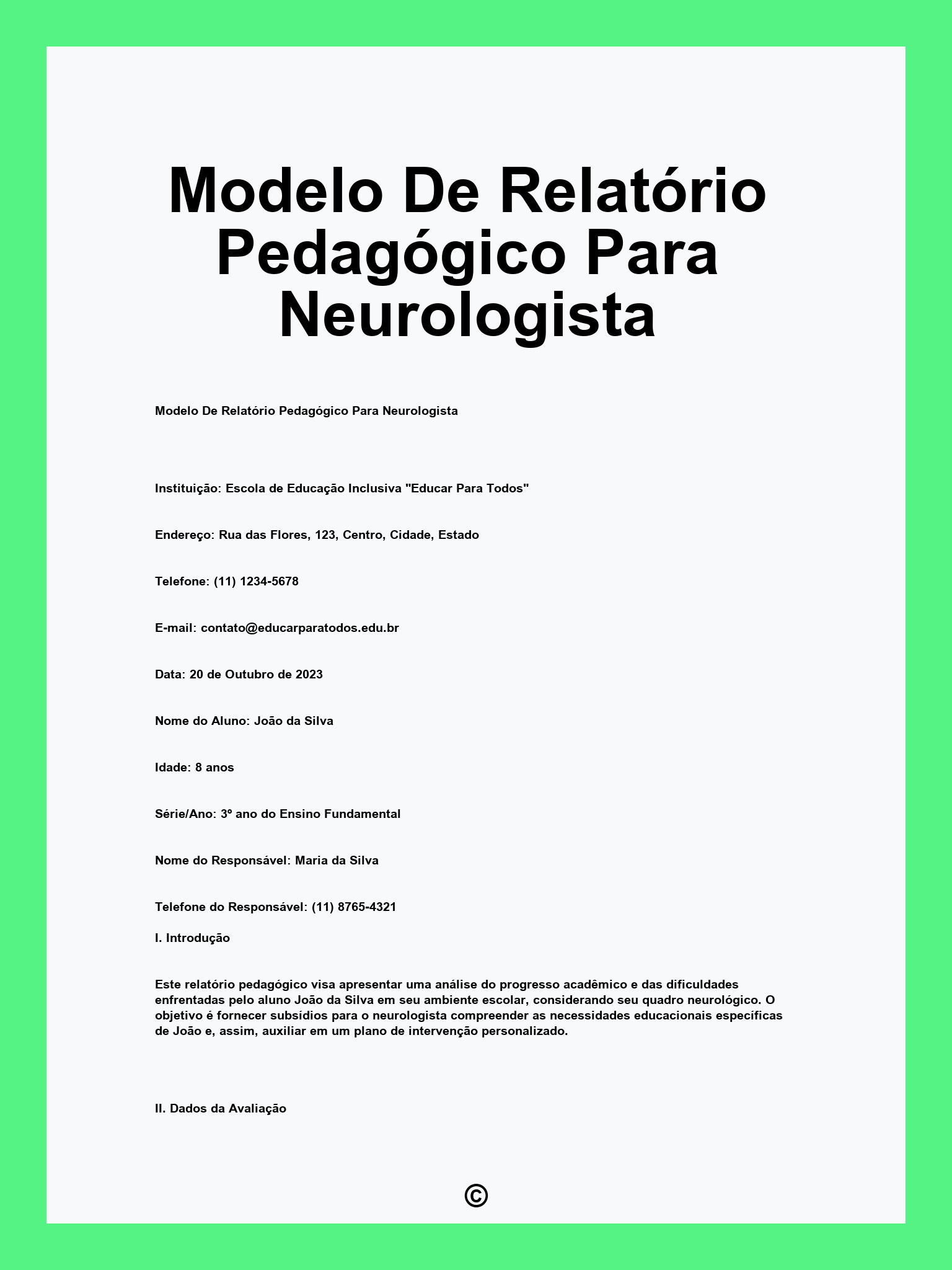 Modelo De Relatório Pedagógico Para Neurologista
