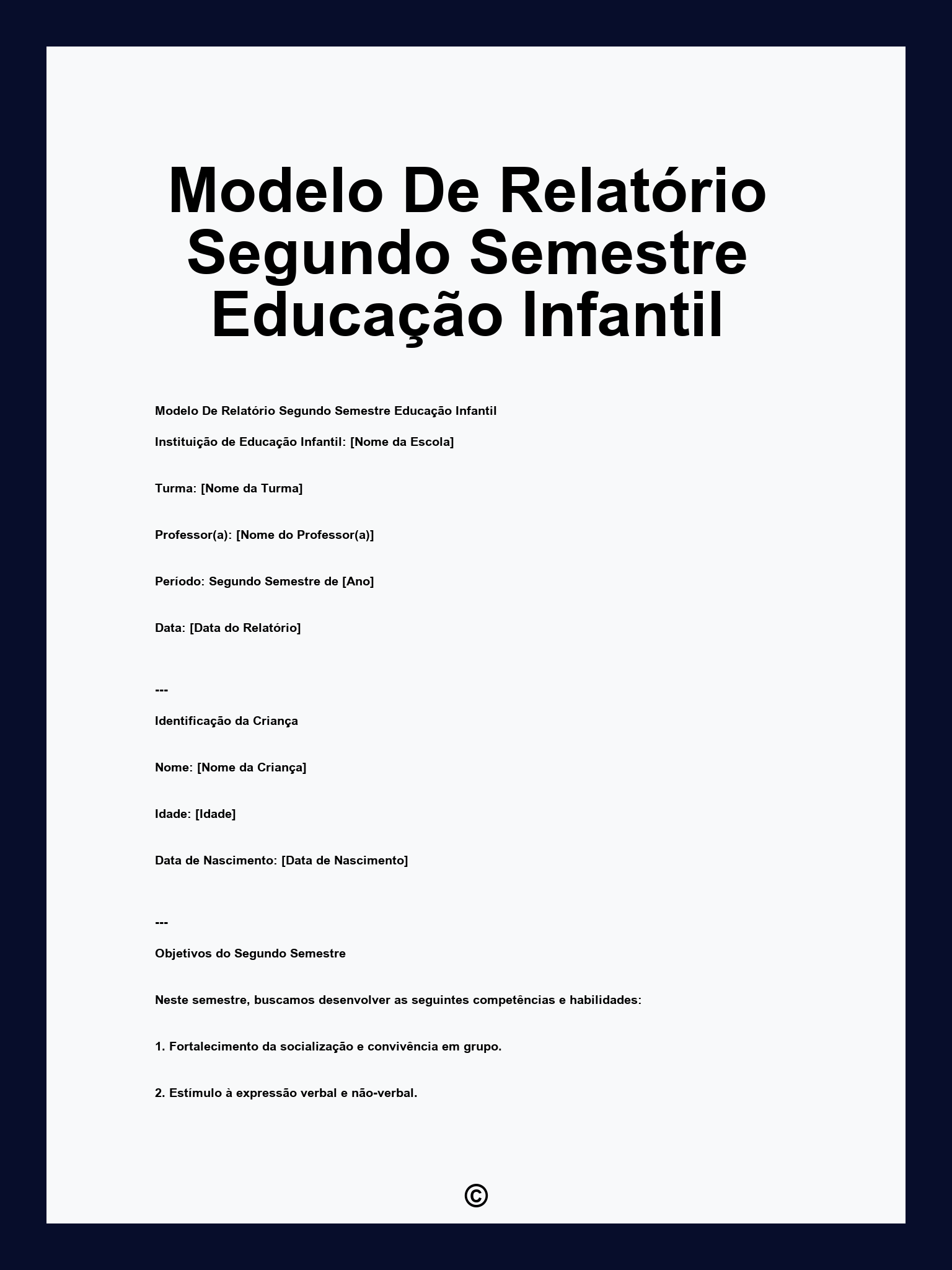 Modelo De Relatório Segundo Semestre Educação Infantil