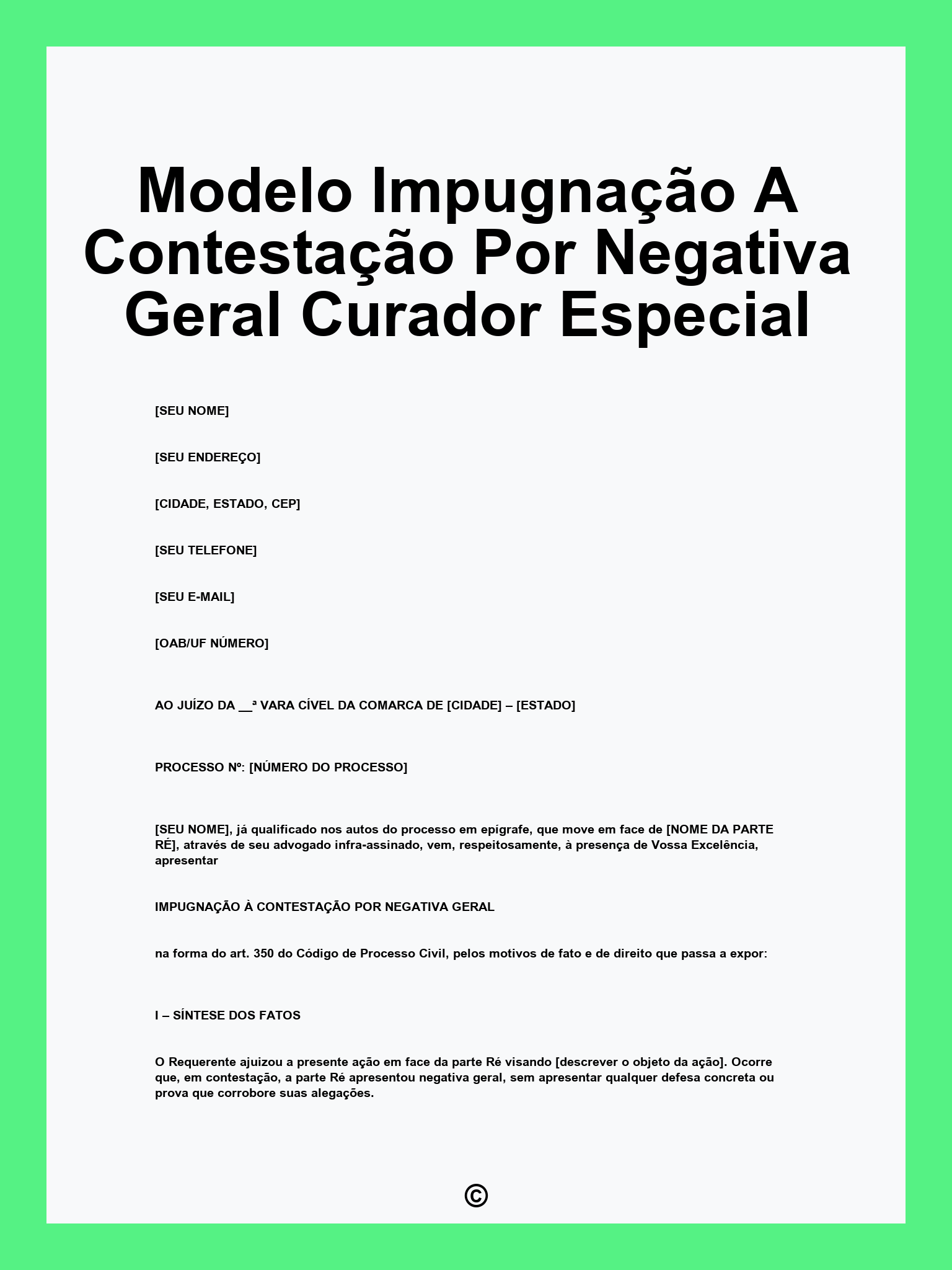 Modelo Impugnação A Contestação Por Negativa Geral Curador Especial