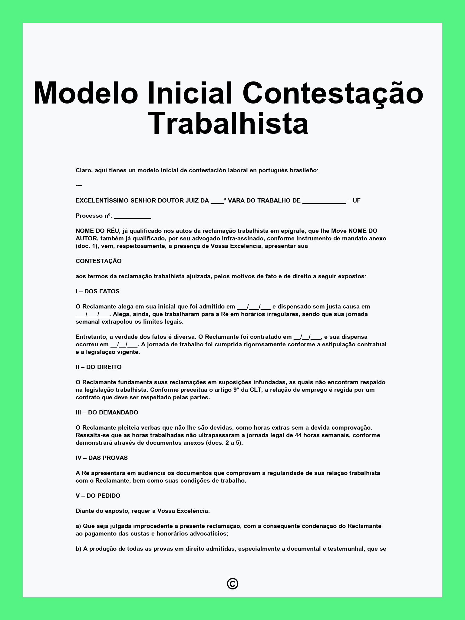 Modelo Inicial Contestação Trabalhista