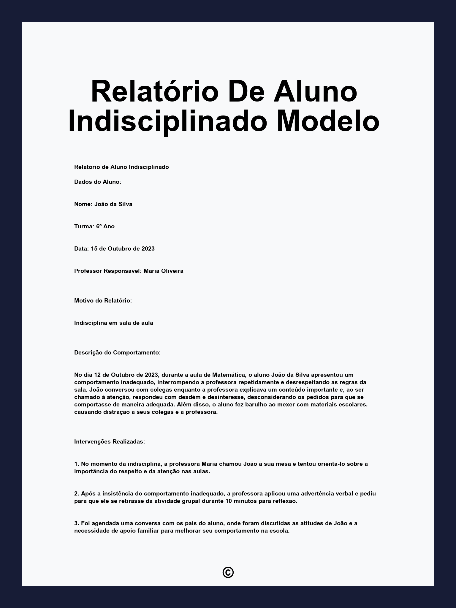 Relatório De Aluno Indisciplinado Modelo